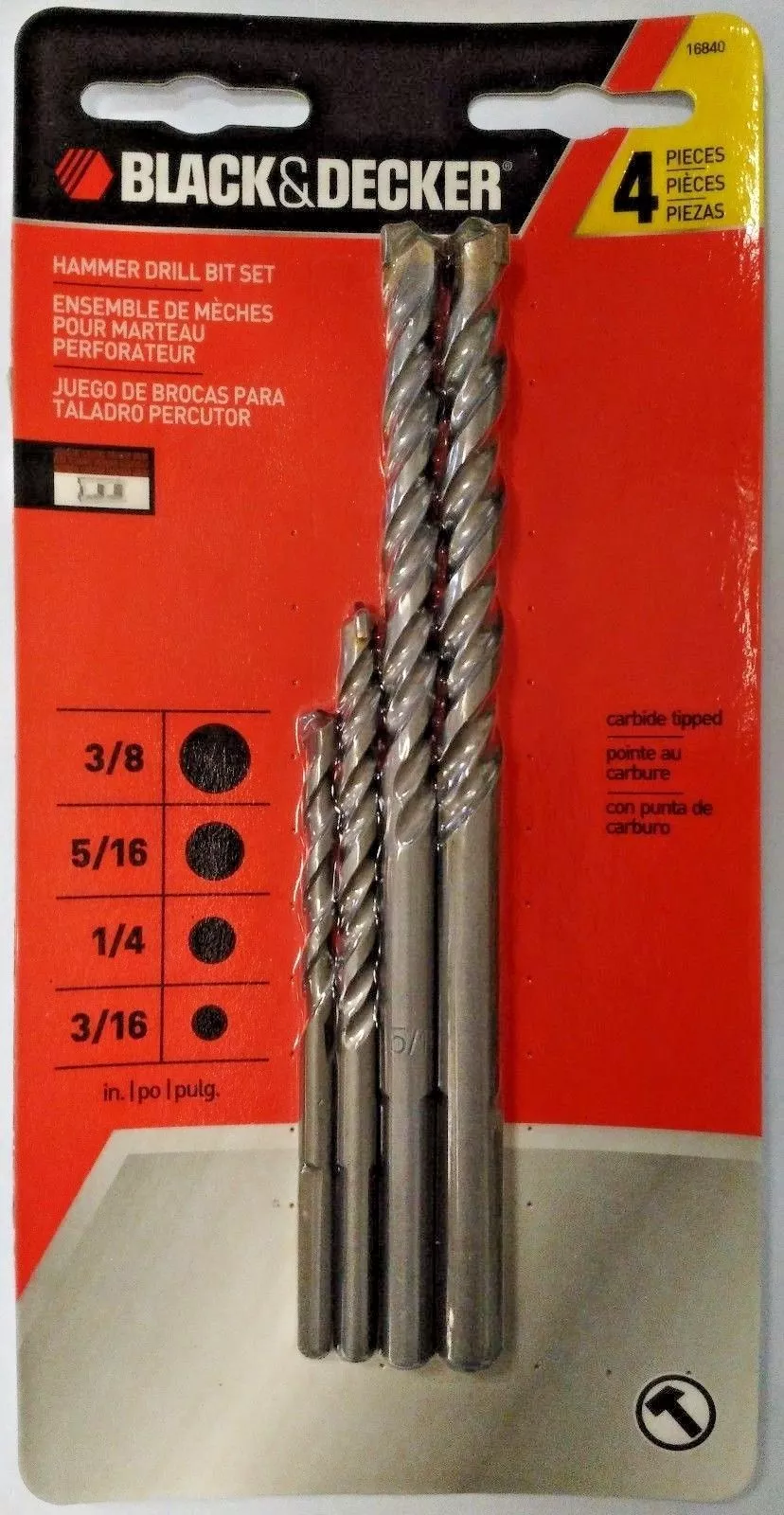 Black & Decker 16840 4 Piece Hammer Drill Bit Set 3/16" 1/4" 5/16" 3/8"