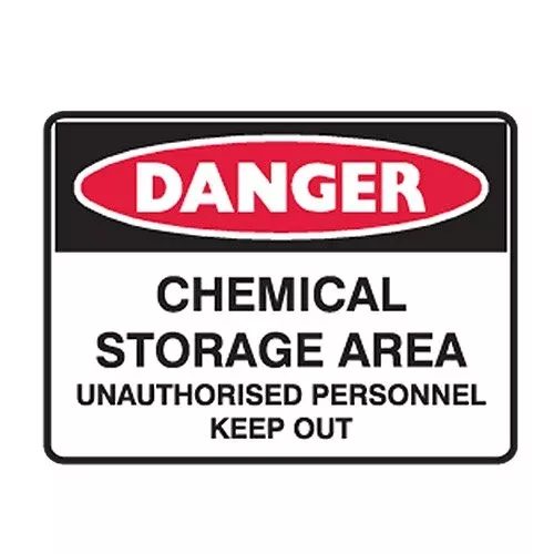 Brady Danger Sign - Chemical Storage Area Unathorised Personnel Keep Out, H300mm x W450mm, Metal, White/Red/Black