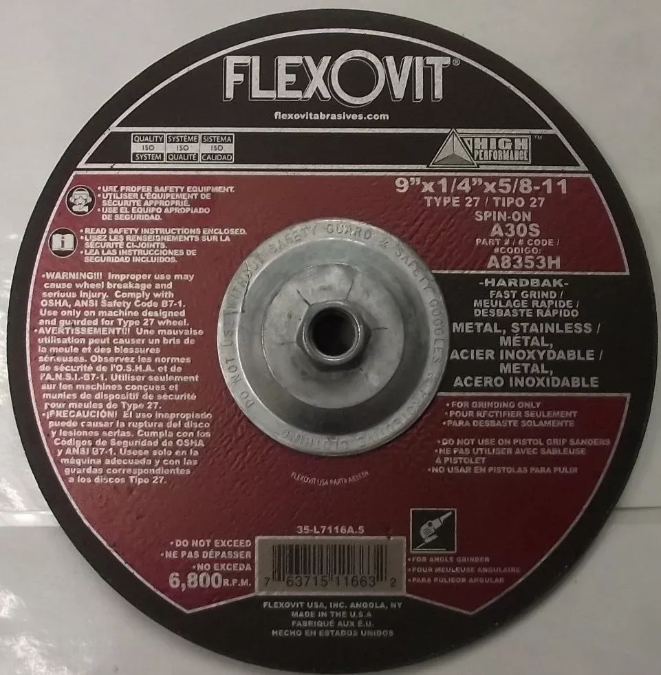 Flexovit A8353H 9" x 1/4" x 5/8-11 Metal Stainless Grinding Wheel USA