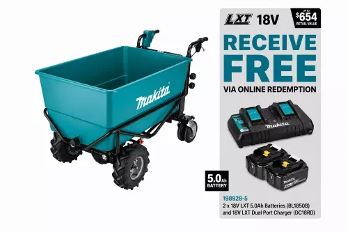 Makita 18Vx2 Lxt Powered 300Kg 4-Wheeled, Flat Bucket